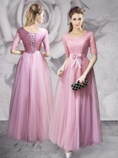 Super Scoop Half Sleeves Floor Length Lace and Ruching and Bowknot Lace Up Dress for Prom with Pink