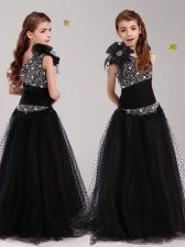Noble Black Flower Girl Dresses Party and Quinceanera and Wedding Party with Beading and Bowknot One Shoulder Sleeveless Zipper