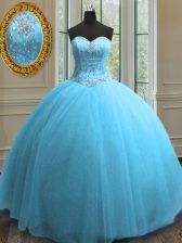 Modest Baby Blue 15th Birthday Dress Military Ball and Sweet 16 and Quinceanera with Beading and Sequins Sweetheart Sleeveless Lace Up