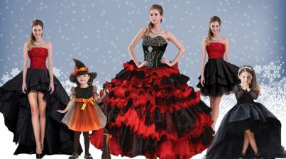 Shining Ruffled Sweetheart Sleeveless Lace Up 15 Quinceanera Dress Red And Black Satin and Organza