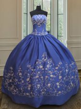Admirable Royal Blue Ball Gowns Strapless Sleeveless Satin Floor Length Lace Up Embroidery Sweet 16 Quinceanera Dress