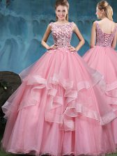  Scoop Baby Pink Sleeveless Tulle Lace Up Ball Gown Prom Dress for Military Ball and Sweet 16 and Quinceanera
