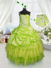 Customized One Shoulder Sleeveless Satin and Tulle Little Girl Pageant Gowns Beading and Ruffled Layers and Pick Ups Lace Up