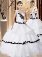 Fashionable One Shoulder Appliques and Hand Made Flower Sweet 16 Dress White Lace Up Sleeveless Floor Length