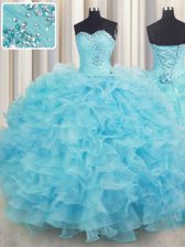  Ball Gowns Quinceanera Dresses Aqua Blue Sweetheart Organza Sleeveless Floor Length Lace Up
