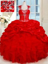  Red Sweetheart Backless Ruffles and Pick Ups 15 Quinceanera Dress Cap Sleeves