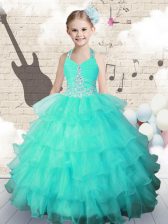  Halter Top Turquoise Ball Gowns Beading and Ruffled Layers Little Girls Pageant Dress Lace Up Organza Sleeveless Floor Length