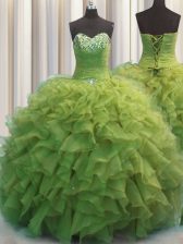 Shining Beaded Bust Olive Green Lace Up Sweetheart Beading and Ruffles Quinceanera Gown Organza Sleeveless