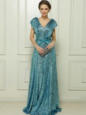 Comfortable Sequined V-neck Sleeveless Zipper Sequins and Bowknot in Teal