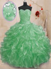  Sleeveless Organza Floor Length Lace Up Quinceanera Gown in Green with Beading and Ruffles