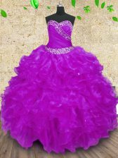 Exceptional Halter Top Sleeveless Floor Length Beading and Ruffles and Ruching Lace Up 15 Quinceanera Dress with Purple