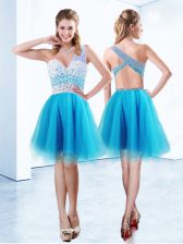  One Shoulder Sleeveless Tulle Prom Evening Gown Beading Criss Cross