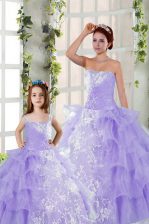 High End Strapless Sleeveless Quinceanera Gown Floor Length Embroidery and Ruffled Layers Lavender Organza