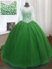 Edgy Sequins Sweep Train Ball Gowns Vestidos de Quinceanera Green Scoop Organza Long Sleeves Lace Up