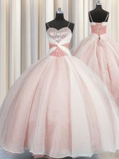  Pink Lace Up Spaghetti Straps Beading Sweet 16 Dress Organza Sleeveless