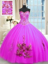 Fine Fuchsia 15 Quinceanera Dress Military Ball and Sweet 16 and Quinceanera with Beading and Appliques and Embroidery Sweetheart Sleeveless Lace Up