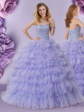 Modest Lavender Ball Gowns Beading and Ruffled Layers Quinceanera Gowns Lace Up Tulle Sleeveless Floor Length