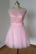  Scoop Pink Sleeveless Knee Length Lace and Bowknot Backless Prom Party Dress