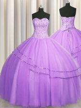 Colorful Visible Boning Puffy Skirt Lilac Ball Gowns Tulle Sweetheart Sleeveless Beading Floor Length Lace Up 15th Birthday Dress