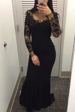 Hot Selling Mermaid Satin Bateau Long Sleeves Zipper Beading and Lace Prom Gown in Black