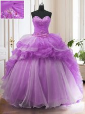 Chic Purple Organza Lace Up Sweetheart Sleeveless Quinceanera Gowns Sweep Train Beading and Ruffled Layers