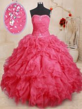  Coral Red Sleeveless Floor Length Beading and Ruffles Lace Up Quinceanera Dresses