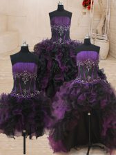 Exceptional Four Piece Black and Purple Organza Lace Up 15th Birthday Dress Sleeveless Floor Length Beading and Ruffles