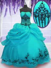Smart Floor Length Turquoise Sweet 16 Quinceanera Dress Strapless Sleeveless Lace Up