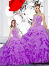  Straps Sleeveless 15th Birthday Dress Floor Length Beading and Ruffles and Pick Ups Purple Organza