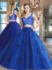 Edgy Sleeveless Tulle Floor Length Zipper Quince Ball Gowns in Royal Blue with Lace and Appliques