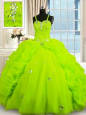  Pick Ups Floor Length Yellow Green Sweet 16 Dresses Spaghetti Straps Sleeveless Lace Up