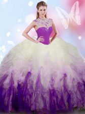 Suitable Tulle High-neck Sleeveless Zipper Beading and Ruffles Quinceanera Gowns in White And Purple