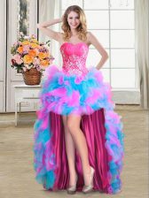 Modest Beading and Ruffles Prom Party Dress Multi-color Zipper Sleeveless High Low