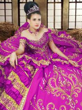 Elegant Off the Shoulder Purple Ball Gowns Embroidery Quinceanera Gowns Lace Up Satin Sleeveless Floor Length