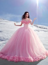 Elegant Off The Shoulder Cap Sleeves Court Train Lace Up Sweet 16 Quinceanera Dress Rose Pink Tulle