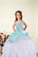 Custom Design Ruffled Floor Length Ball Gowns Sleeveless Aqua Blue Girls Pageant Dresses Lace Up