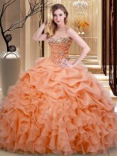 Comfortable Orange Lace Up Sweetheart Beading and Ruffles and Pick Ups Quinceanera Dress Organza Sleeveless
