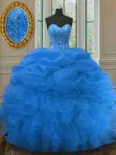  Sleeveless Floor Length Beading and Ruffles and Pick Ups Lace Up 15th Birthday Dress with Blue