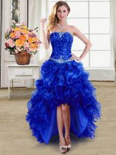 Hot Sale Royal Blue Lace Up Strapless Beading and Ruffles Evening Dress Organza Sleeveless