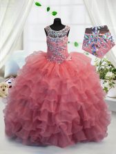 Customized Scoop Sleeveless Lace Up Floor Length Beading and Ruffled Layers Pageant Gowns For Girls