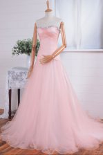  Pink Sweetheart Zipper Beading and Ruching Prom Party Dress Sweep Train Sleeveless