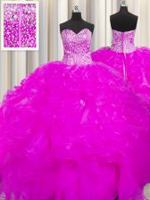 High Quality Visible Boning Beaded Bodice Organza Sleeveless Floor Length 15th Birthday Dress and Beading and Ruffles