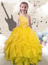  One Shoulder Yellow Sleeveless Floor Length Beading and Ruffles Lace Up Little Girl Pageant Dress