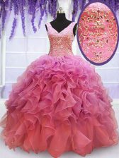 Spectacular Ball Gowns 15 Quinceanera Dress Pink V-neck Organza Sleeveless Floor Length Lace Up