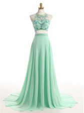  Apple Green Zipper Halter Top Beading Dress for Prom Chiffon Sleeveless Brush Train