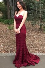 Flare Mermaid Burgundy Sweetheart Neckline Lace Prom Party Dress Sleeveless Lace Up