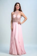  Halter Top Sleeveless Chiffon Floor Length Criss Cross Prom Party Dress in Baby Pink with Beading