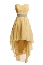 Eye-catching Gold Sleeveless High Low Belt Lace Up Prom Gown