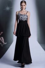Nice Black Chiffon Side Zipper Sleeveless Floor Length Embroidery and Sequins and Hand Made Flower