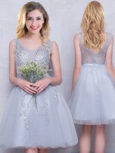 Super Grey Dama Dress Prom and Party and Wedding Party with Beading and Appliques Scoop Sleeveless Zipper